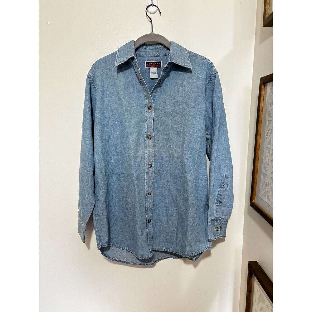 Jerzees Womens Denim Button‎ Up Shirt Chambray Long Sleeve Classic Medium